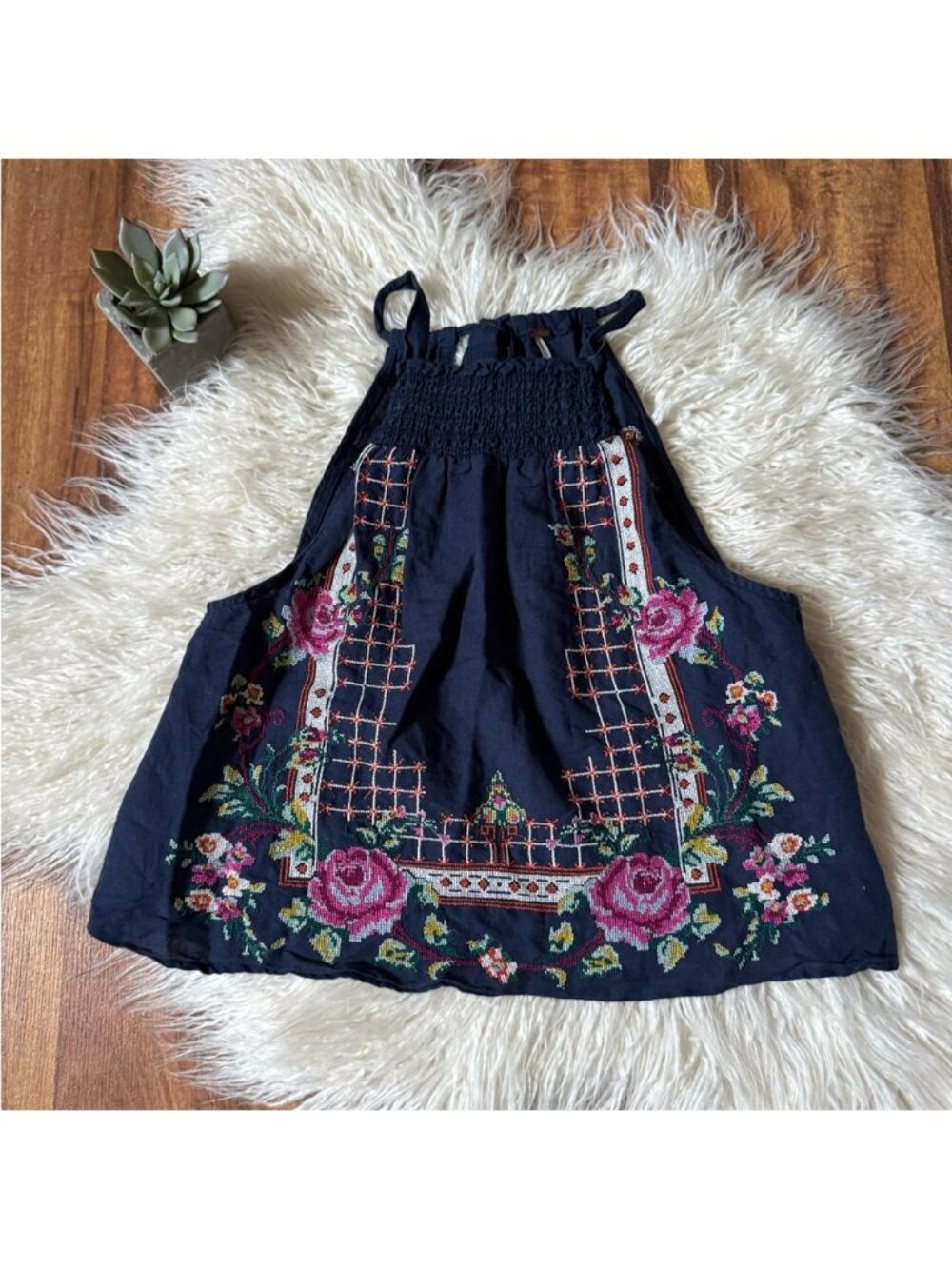 Free People High Neck Embroidered Tank Navy